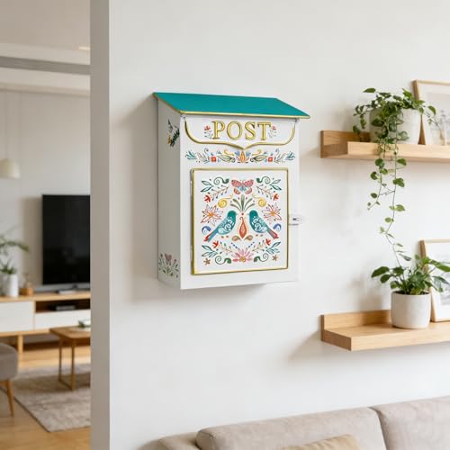 Image of Mailbox Wall Mount Mailboxes for Outside Vintage Mail Boxes for House Outside Metal Drop Box Antique Style Nostalgic Charm Home Decorative, Flower Pattern