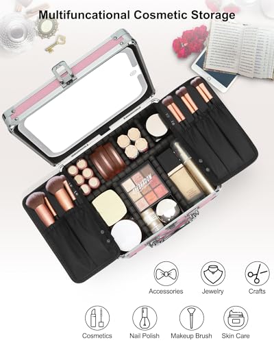 Image of Relavel Makeup Bag with LED Mirror, Cute Makeup Box Travel Train Case with Rechargeable Lighted Mirror, Cosmetic Brush Organizer Storage for Makeup Artists Gifts for Women and Girls, Pink