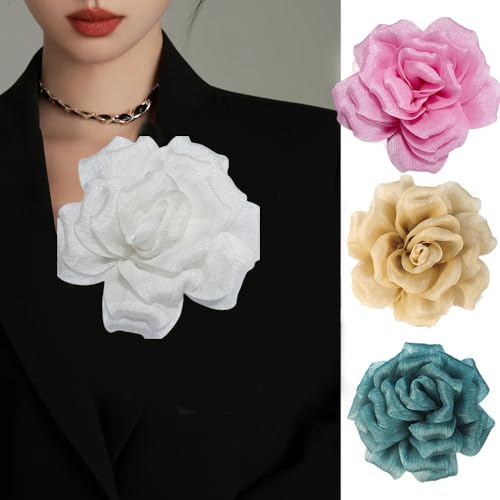 Image of Flash Camellia Flower Brooch Pin for Women Men Elegant Texture Fabric Dahlia Rose Floral Brooches Lapel Pins Dainty Wedding Holiday Party Costume Dress Accessories Jewelry