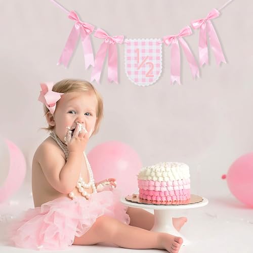 Image of Pink Ribbon Bow 1 /2 Birthday Banner - Sweet 6 Months Birthday Party Decorations,Pink White Gingham Bow Bohemian Garland,Half Way to One Cake Smash,Scalloped Banner Photo Props