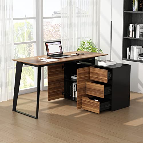 Image of Homsee Home Office Computer Desk Corner Desk with 3 Drawers, 2 Shelves & 2 Doors, 55 Inch Large L-Shaped Study Writing Table with Storage Cabinet, Black & Brown (54.3 inchL x 40.9 inchW x 29.1 inchH)