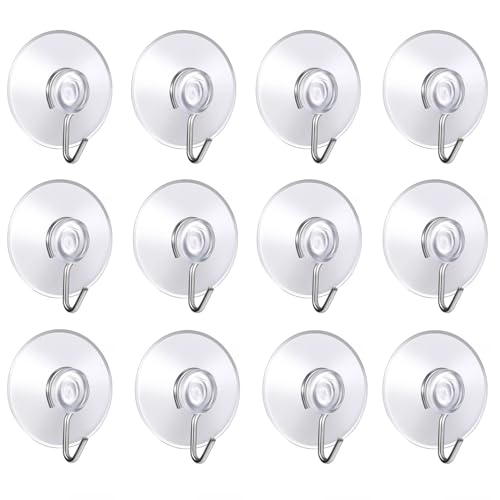 Navoys Pack of 12 40mm Suction Cup Hooks - Premium PVC Cups with Metal Hooks Window Glass Suction Cups Ideal for Bathrooms Towels Sponges Wreaths or Kitchen Utensils