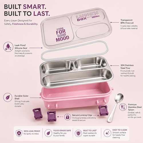 Image of Stainless Steel Lunch Box with 3 Compartments Leak Proof Airtight Lid BPA Free Food Storage Container Durable Portable Bento Tiffin for Kids Adults Office School Picnic (Light Pink)