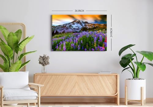 Image of Nature Flowers Landscape Wall Art Mountain Canvas Artwork Purple Floral Picture Wall Decor, Modern Wilderness Scenic Framed Painting for Living Room Bedroom Bathroom Office Home Decoration 24x36 inch