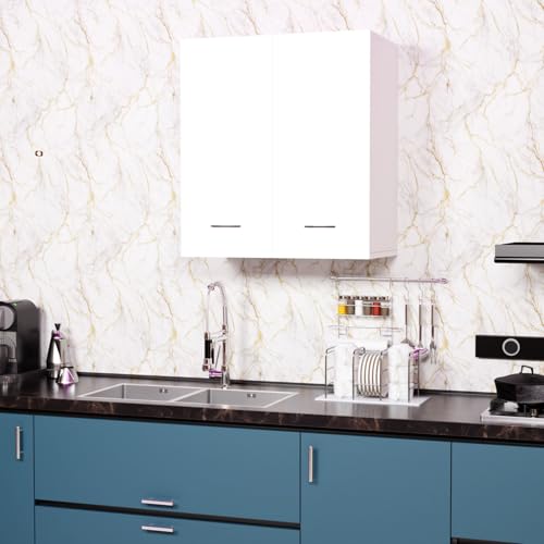Image of 2 Door Wall Mounted Cabinet with Adjustable & Fixed Shelf | Engineered Wood Storage for Kitchen, Bathroom, Office & Living Room | DIY Assembly | Color: White | Size: 60 x 33 x 63.8 cm