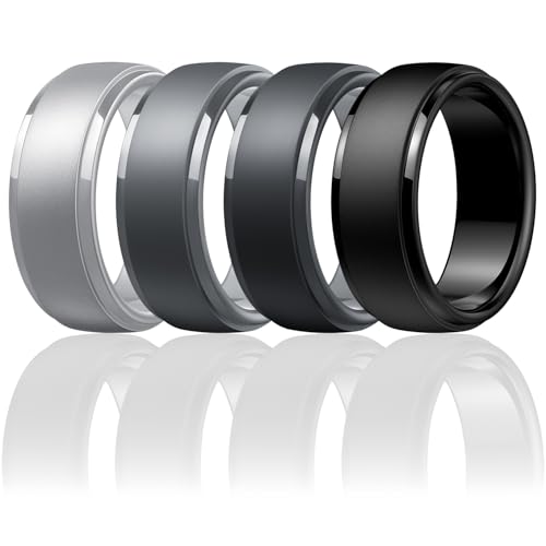 Image of Egnaro Men's Silicone Wedding Rings: Classic Black Step Edge Rubber band 10mm Wide 2.5mm Thick- Hypoallergenic for Gym /Outdoor /Gift(1 /4 /7 Variety Pack with Half Size)