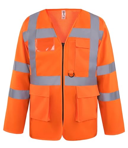 Image of Brook Hi Vis Yoko Premium Hi Vis Vest Zipped Long Sleeve Safety Vest with Pockets – High Visibility Hi Vis Vest with Pockets for Construction, Warehouse, Duties - Work Tops for Men Orange,XL
