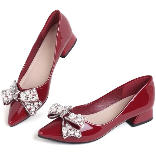 Image of Women's Pumps Low Chunky Block Heel Rhinestone Closed Pointed Toe Comfortable Slip on Work Dress Shoes for Office