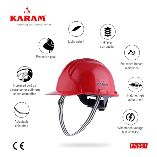 Image of KARAM PN581 Safety Industrial Helmet for Men | Light Weight with Ratchet Type Adjustment | Comfortable Fit & Durable Hard Hat | EN Certified | Red