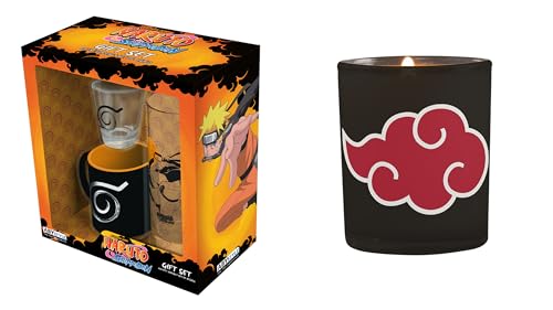 ABYSTYLE Naruto Shippuden Konoha Gift Set, Inlcudes 1 Ceramic Mug, 1 Shot Glass and 1 14 Fl Oz Glass, 1 Akatsuki Candle Anime Manga Decor Gift
