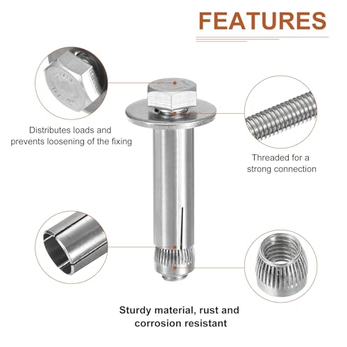 Image of DTGN M10 x 60 Hex Expansion Bolts - 15Pack - Good for Concrete Dry Brick Block Walls - 304 Stainless Steel - Silver