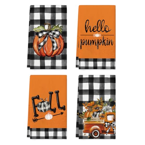 Artoid Mode Buffalo Plaid Truck Hello Pumpkin Fall Kitchen Towels Dish Towels, 18x26 Inch Farmhouse Thanksgiving Decoration Hand Towels Set of 4
