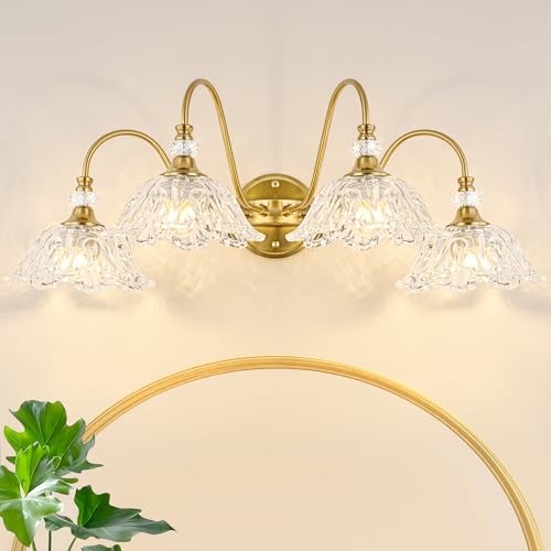 Image of Gold Bathroom Vanity Light, 4-Light Brushed Gold Finish Vanity Light with Floral Clear Glass Shades, Vintage Wall Mount Lighting for Bathroom, Dressing Table