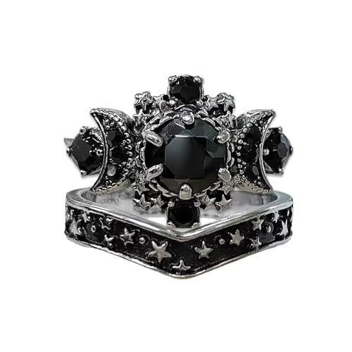 Triple Moon Goddess Ring Set Black Crystal Star Wicca Pagan Cresent For Women Wedding Engagement Wiccan Jewelry