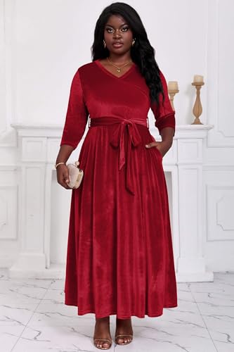 Image of Runwind Plus Size Dress for Women - 3 /4 Sleeve V Neck Maxi Dresses for Women (XL-6XL)