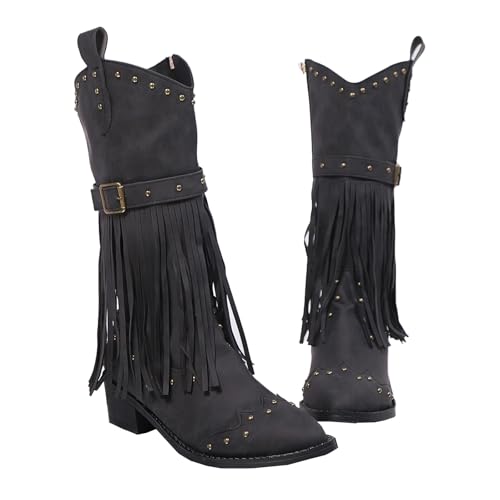 Women'S Chunky Heel Western Boots With Rivet Belt Buckle Fashion Pointed Toe Pull-On Block Heels Fringe Western Mid Calf Boots