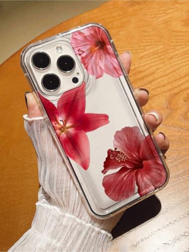 Coque iPhone 16 en TPU souple anti-rayures transparente à imprimé fleuri rouge