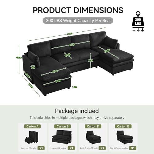 Image of 110 inch Sectional Couches with Double Chaises, Comfy Deep Dual-Layer Cushion Couch, 6 Seater U Shaped Couch, Modern Modular Sofa, Corduroy Sofas for Living Room, Apartment, Black