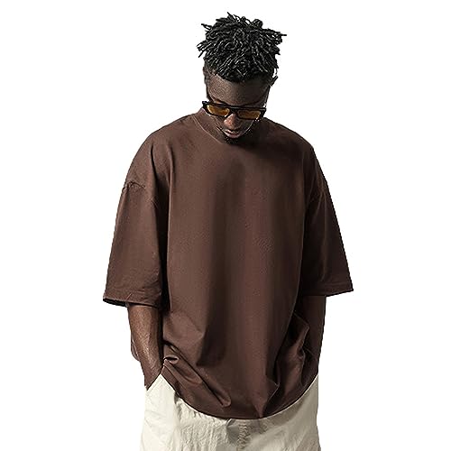 Jamron Hombre Oversize Camiseta Manga Corta Hombro Caído Hip Hop tee Tops Camiseta Básica Lisa Café SN0708166 L