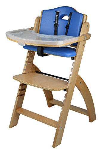 Image of Abiie Beyond Junior Wooden High Chair with Tray. The Perfect Adjustable Baby Highchair Solution for Your Babies and Toddlers or as a Dining Chair. 6 Months up to 250 Lb. Natural Wood/Blue Cushion