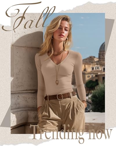 Huukeay 3 Pack Women's Deep V Neck T-Shirts, Long Sleeve Tee Cotton Slim Fitted Tops Casual Fall Basic Tight Tee Shirts4