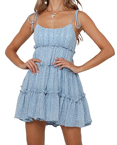 Image of Mansy Womens 2026 Summer Floral Mini Dress Boho Flowy Skater Dresses Short Sleeveless Ruffle Spaghetti Strap Dress