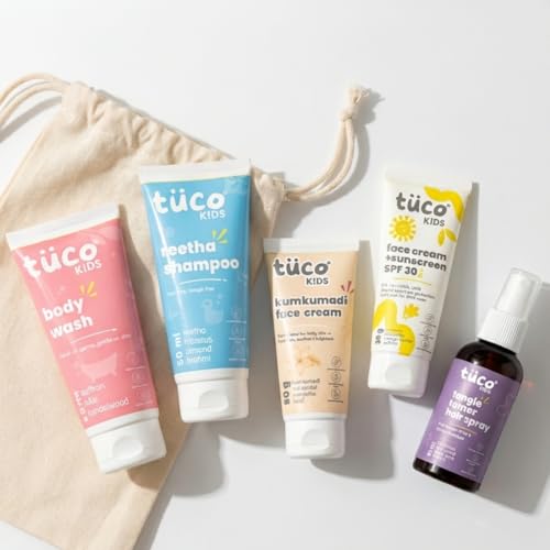 Image of Tuco Kids Ultimate Travel Kit | 5 in 1 Combo | Gift Set | Shampoo, Body Wash, Kumkumadi Face Cream, Tangle Tamer & Sunscreen SPF30