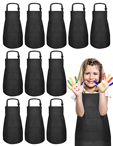 IAGBIBUI 12 Pack Kids Aprons Bulk with 2 Pockets Adjustable Chef Art Apron Kids Painting Aprons for Cooking Baking Crafting Grilling for Boys Girls Age 6-13 Years(Black)