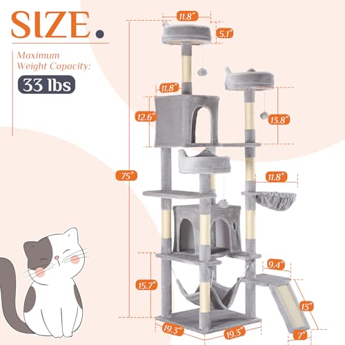 Image of Sweetcrispy Cat Tree 75 Inch, Large Multi-Level Tall Cat Tree Tower with Condo, Perches, Sisal Scratching Posts Board and Hammock, Pet Play House with Dangling Balls for Indoor Cats, Light Grey