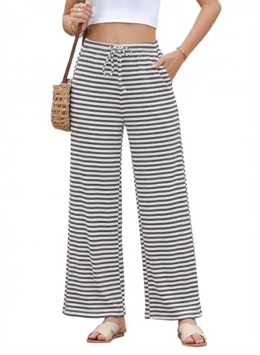 Image of EVALESS Striped Pants Women Casual Wide Leg Drawstring Elastic Waist Kint Trousers Lounge Sweatpants with Pockets