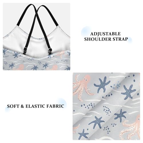 senya Girls Swimsuits One-Piece Swimwear Tie Bathing Suit Beach Summer Round Neck 5-6T Octopus Starfish Wave Pattern3