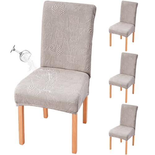 Image of Genina Waterproof Dining Chair Cover Set of 4,Kitchen Chair Cover,Warm Grey | Stretch Dining Room Chair Slipcovers with Leaf Jacquard,Removable Kitchen Chair Protector for Home,Restaurant,Banquet