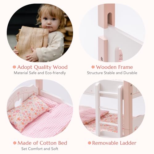 ROBOTIME Baby Doll Bunk Beds, Wooden Baby Doll Crib, Stackable Doll Bed Toy, High18 inch Dolls Furniture Fits American Girl 3+ (Pink, 2 Pcs Beds) - Thumbnail 5