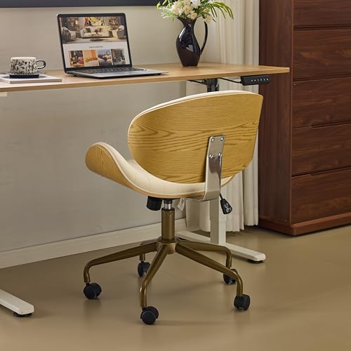 VINGLI Wide Comfotable Swivel Home Office Chair with Wood-Grain Curved Shell,Ergomomic Mid-Back Padded Armless Rolling Desk Chair with Wheels,Height Adjustable for Computer,Task,Work,PU Leather,White