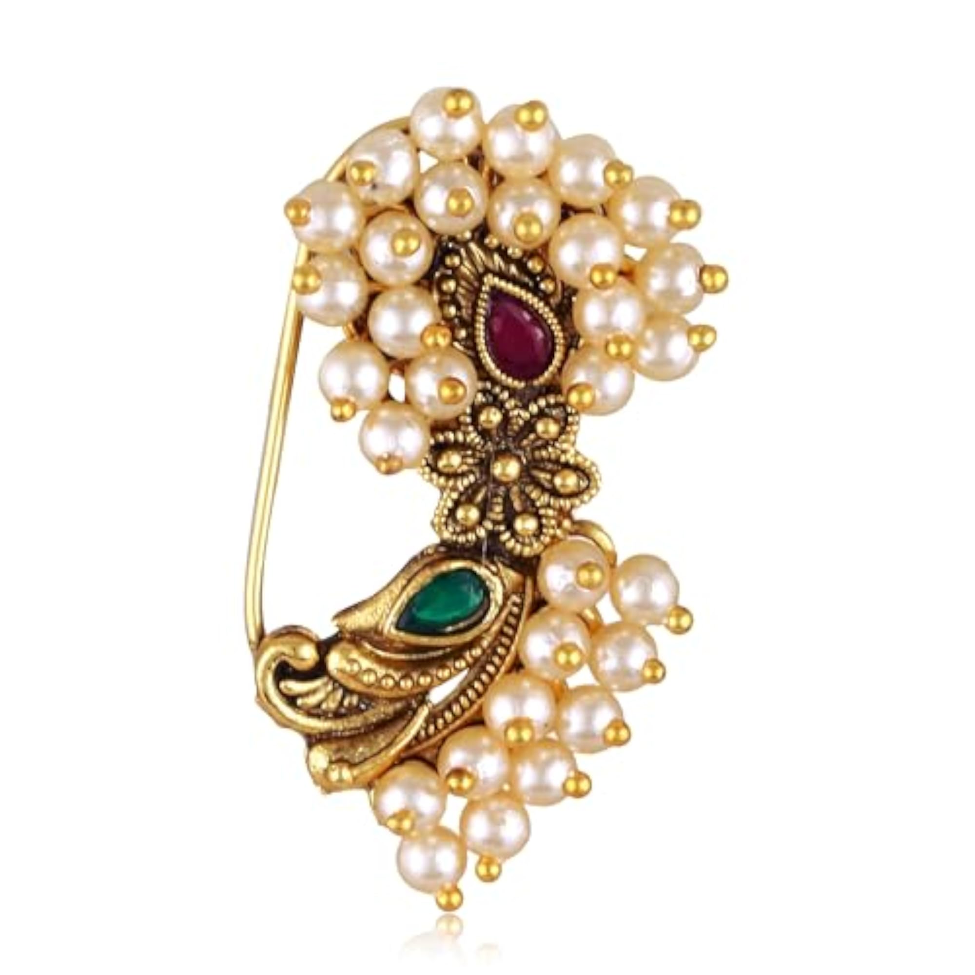 Women's Gold Plated Pearls Mayur Pankh Nose Pin