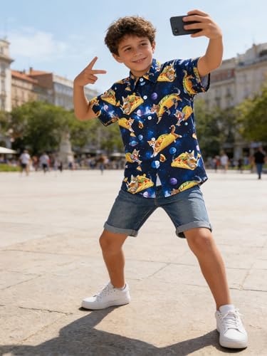 Image of uideazone Boys Hawaiian Shirts Novelty Printed Funky Short Sleeve Button Down Shirt Kids Aloha Luau Shirt 7-14T