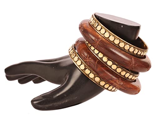 Image of Touchstone wood bracelets for women bangle wooden jewelry handmade artisan bangles natural handcrafted brown olive stylish chunky boho bohemian bracelet brass metal inlaid woods stackable