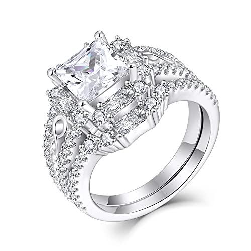 JO WISDOM Couple Rings,925 Sterling Silver Infinity Engagement Bridal Ring Set Rings for Women with 8mm 1.25ct Square Cut 5A Cubic Zirconia
