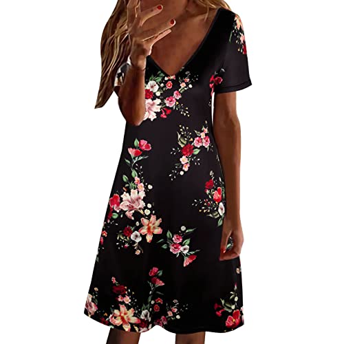QWUVEDS Vestidos verdes de las mujeres de verano con cuello en V estampado de manga corta vestidos casuales simple vestido de punto, Negro , L