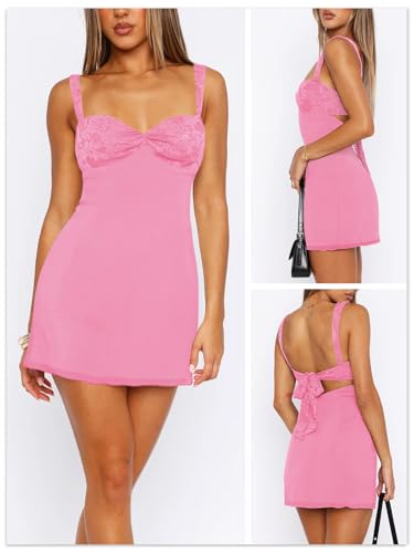 Image of Women's Summer Mini Dresses Sleeveless Sexy Square Neck Lace Splicing Cocktail Party Straps Bodycon Dress