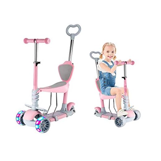 5 in 1 Kids Kick Scooter, 3 Wheels Walker with Removable Seat and Back Rest, 4 Adjustable Height for Toddlers 1-8 Years Old Support 50 kg (Pink-Have Footpad)