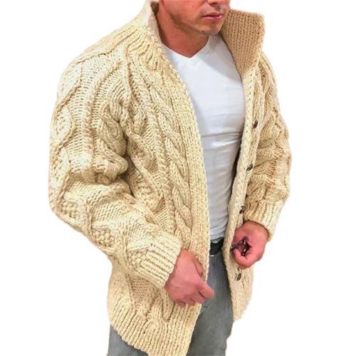 Men Chunky Cable Knit Cardigan Wool Blend Buttoned Sweater Shawl Collar Thick Warm Pullover