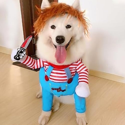 Lustige Chucky Hundekleidung, Hundekostüm Hhallowee Halloween Hundekostüm Wig and Knife Haustier Kleidung Hund Schreckliches Kostüm für Halloween Haustier Cosplay Party
