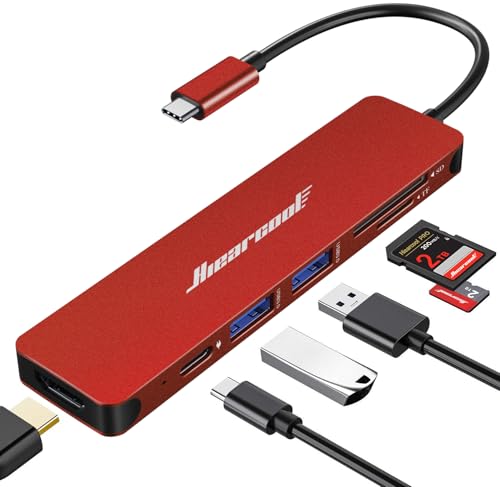 Image of Hiearcool USB C Hub, USB-C to HDMI Multi-Port Adapter for MacBook Pro /Air, 7-in-1 USBC Dongle with 4K HDMI 100W Power Delivery SD /TF Card Reader Type-C Dock for Dell HP Lenovo Laptops-Dark Red