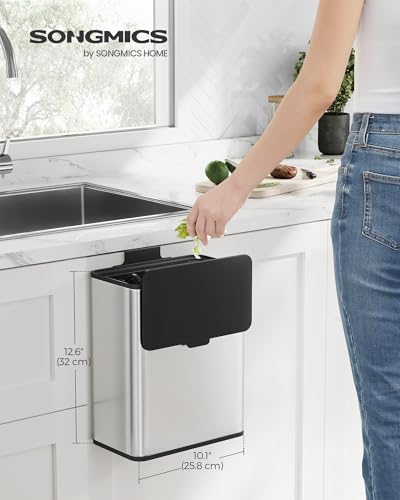 SONGMICS ゴミ箱 ふた付き 密閉 吊り下げ式 8 L ステンレス フック付き コンパクト