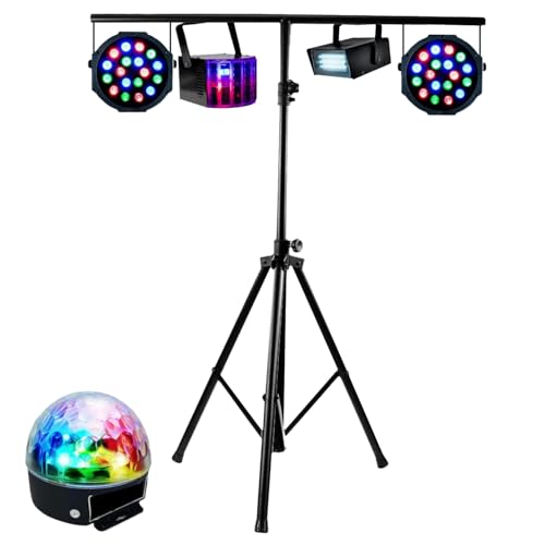 BOO - PACK DE 5 EFFETS JEUX DE LUMIERE COMPACTS à LED + PORTIQUE ROBUSTE REGLABLE EN HAUTEUR idéal soirée ambiance bar club disco fiesta