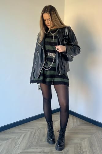 Image of Ro Rox Gothic Knitted Jumper with Distressed Look - Oversized Pullover Ripped Design, Loose Fit, 90s Grunge Stripe Pattern