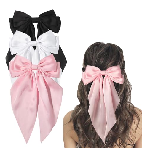 Pinzas de cabello Furling Pompoms 3 pcs satín negro blanco rosa miniatura 1