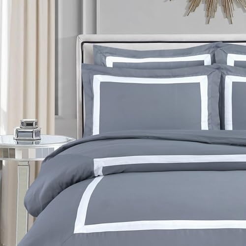 Majestic Giftware Madison Linen 8-Piece Twin Size Bedding Set (BL3-T-2) | Province Hotel Collection-Gray-White Tape 400 TC Cotton Sateen | 2 Fitted Sheets, 2 Duvets, 4 Pillowcases