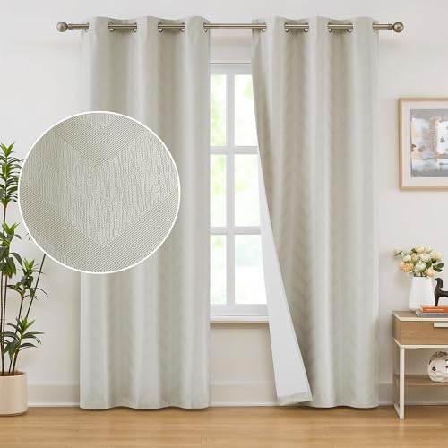 Beige Chevron Full Blackout Curtains for Living Room Bedroom Ivory, Jacquard Woven Geometric Chevron Curtains Energy Efficient Thermal Insulated Window Drapes with White Backing 40